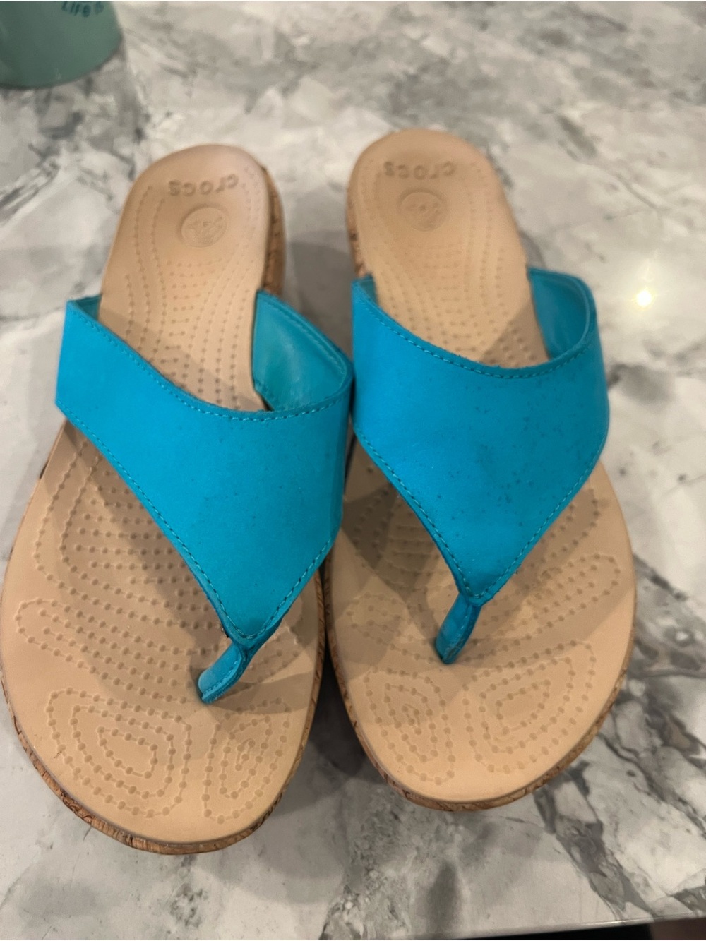 ocs A-Leigh 14933 Aqua Blue Cork Wedge Comfort Flip Flop Sandals Size 9
